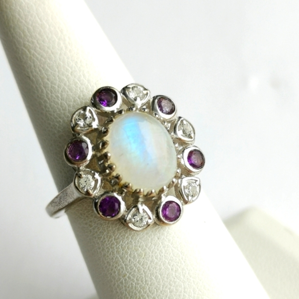 Vintage Moonstone Amethyst Zircon ring sterling silver Size 7.5